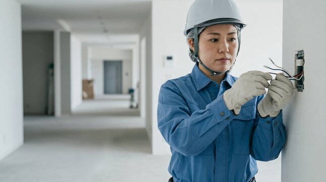 日本人の40代女性電気工事士が屋内の建設現場で配線の作業をしている様子、白いヘルメットを被り壁面のコンセントを確認する横顔、奥行きのある背景とコピースペース
