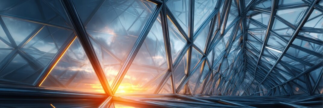 Detail of a glass and steel lattice bridge structure with complex geometry receiving warm light as the sun sets, reflecting in the glass panels.