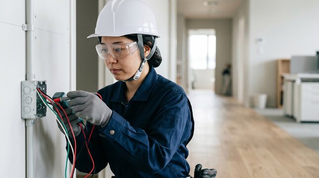 日本人の40代女性電気工事士が工事現場で配線の作業を遂行する様子、テスターを使用して壁面ボックスの電圧を確認する手元、真剣な眼差しと安全装備の着用