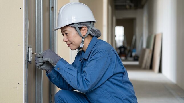 日本人のミドル世代女性の電気工事士が建設現場の廊下で配線の作業をしている様子、屈んで壁面の端子盤を調整する姿、白いヘルメットと奥行きのある屋内の背景