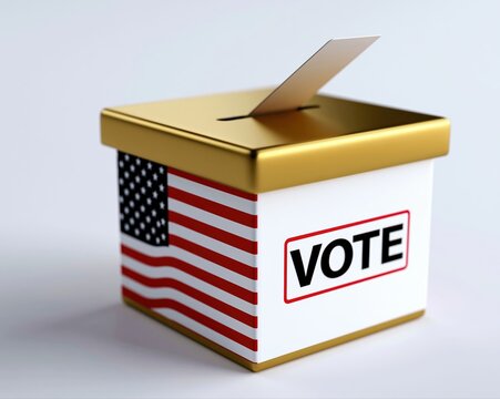 Golden ballot box with US flag pattern and VOTE text, symbolizing American elections and democratic process