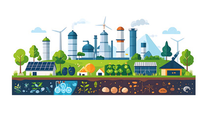 Naklejka premium Sustainable energy sources and industrial production illustration, representing a clean environment