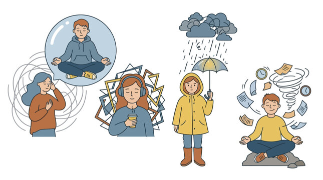 Illustrations depicting various states of mind, from calm meditation amidst chaos to finding peace in stressful situations and adverse weather conditions.