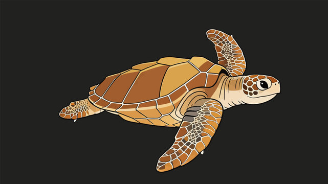 Cute Cartoon Sea Turtle Swimming in Dark Water