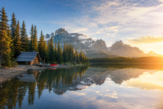 Rustic log cabin on alpine lake with mountain reflection at sunrise