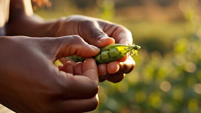 Hands opening fresh green pea pod in a garden setting.