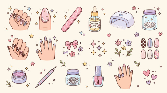 Cute pastel cartoon illustration set of various nail art and manicure tools, accessories, and decorated hands for beauty and self-care.