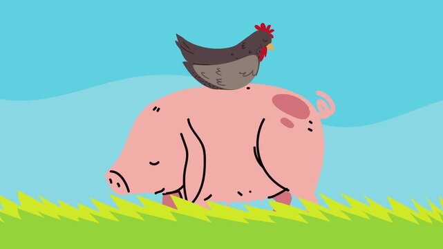 Cartoon pig walking in green grass with hen sitting on its back against blue sky background.