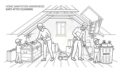 Obraz premium Outline vector illustration depicting a family engaging in home sanitation awareness and safe attic cleaning, with parents and children tidying up clutter and dust in a residential attic space
