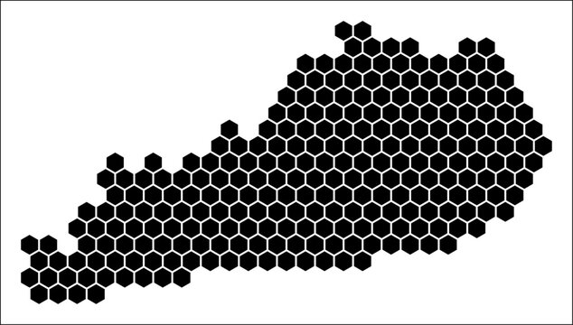 Kentucky simple black and white hexagon map shape template. State plain hexagon cell dots. Kentucky flat honeycomb boundary. Vector Illustration.
