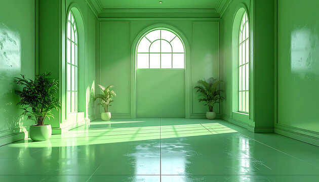 Sunlight streaming into a mint green room with arched windows and potted plants, creating a serene and airy atmosphere, perfect for interior design concepts.