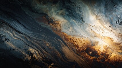 Naklejka premium Dark crude oil spills into the river estuary mixing with brown water and flowing toward the sea creating a scene of environmental pollution