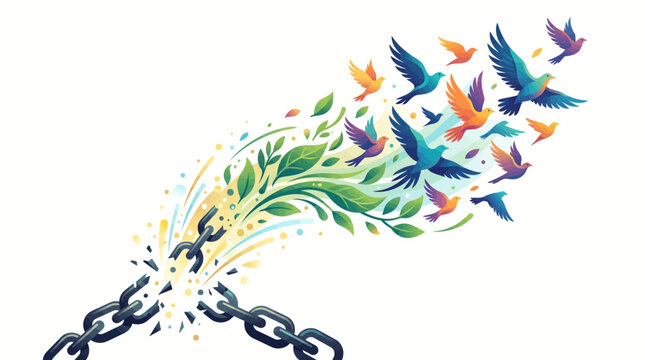 Birds flying out of broken chains with leaves and sparks.