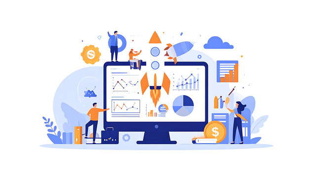 Startup launch concept with data analytics, people collaborating around a computer displaying charts and graphs, rocket taking off, teamwork, digital business growth
