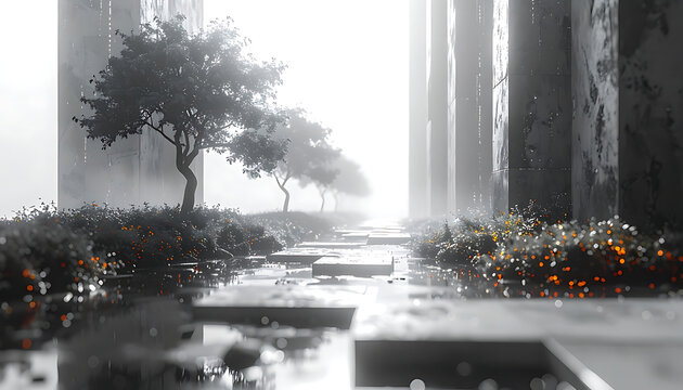 Surreal digital landscape with pixelated trees and glowing embers along a stepping stone path, atmospheric mist and modern monolithic structures