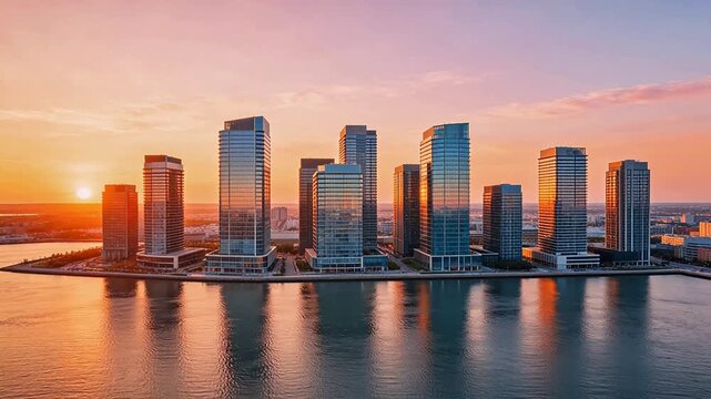 Sunset skyline with highrise buildings