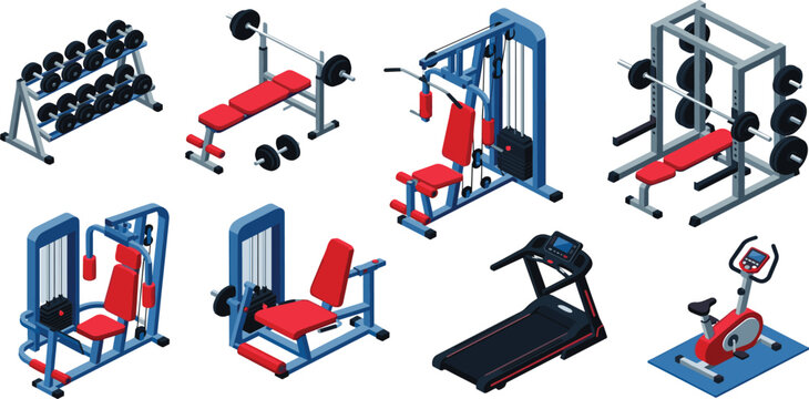 Isometric Gym Equipment Icon Set Featuring Treadmill Stationary Bike Bench Press and Bodybuilding Fitness Machines
