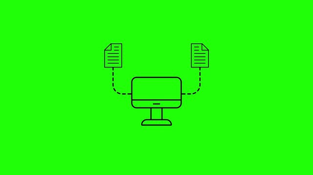 Modern computer monitor connected to digital documents on green background animation of file transfer or data sharing concept