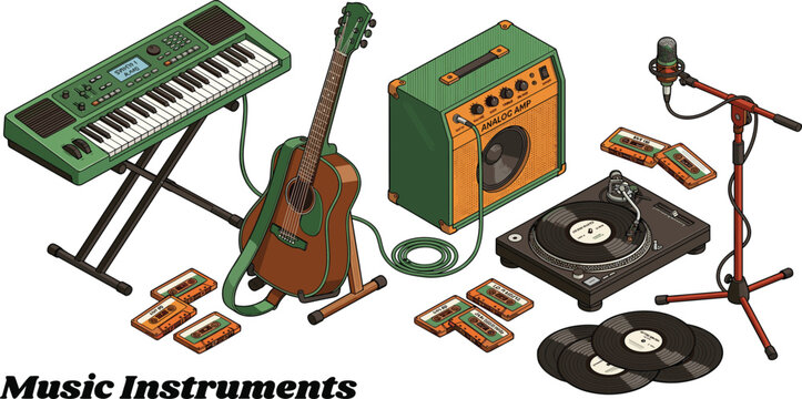 Isometric Retro Music Instrument Set Featuring Electronic Keyboard Acoustic Guitar Analog Amplifier Turntable Vinyl Records and Microphone for Recording Studio and Audio Production Vector Design