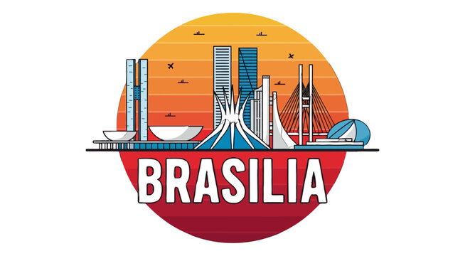Modern Bras?lia Skyline Illustration Featuring Iconic Architectural Landmarks and Sunset Backdrop Celebrating Brazil's Capital