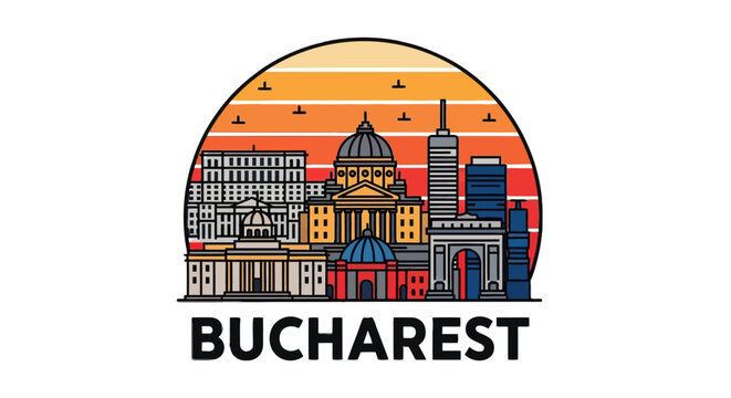 Stylized skyline of bucharest showcasing iconic buildings and vibrant sunset background capturing architectural diversity and