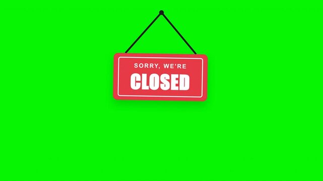Animated Red Sorry We Are Closed Hanging Sign on Green Screen