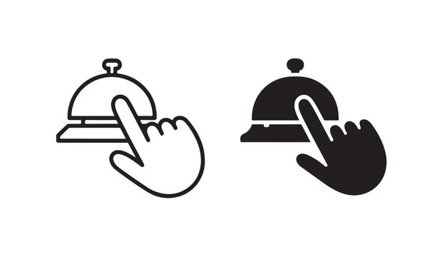 Service bell icon and hand press outline solid silhouette vector set.