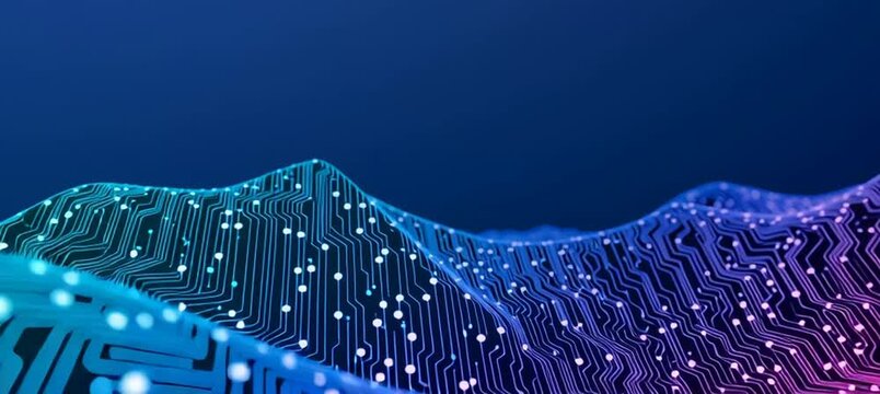 technological abstract background circuit pathways and nodes forming organic, wave like shapes gradient from bright teal and light blue on the left side to purple and pink Generative AI