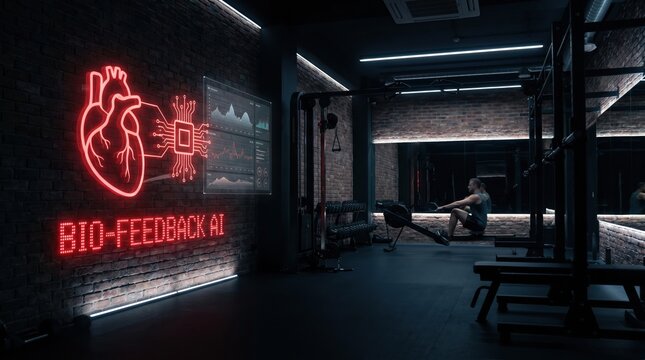 Innovative Bio-Feedback AI technology displayed in a modern gym setting, enhancing athletic performance and health monitoring