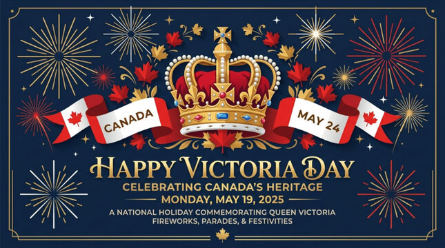Victoria day celebration banner with crown and fireworks on dark blue background