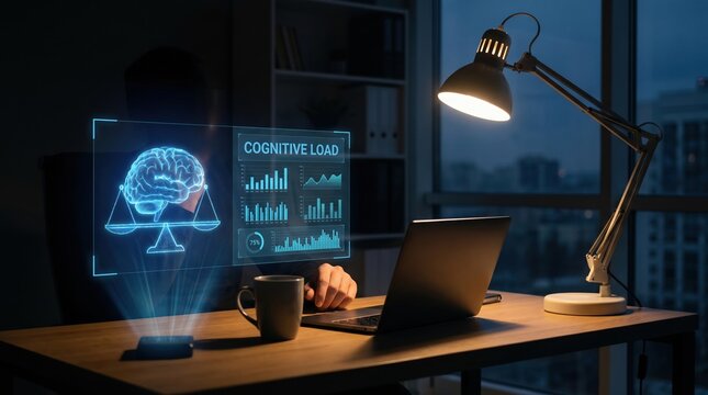 Cognitive Load Visualization Futuristic Holographic Interface Demonstrating Brain Activity and Data Analysis