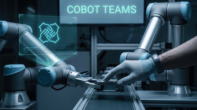 Collaborative robots working together on a factory floor, symbolizing teamwork and advanced automation in modern manufacturing processes