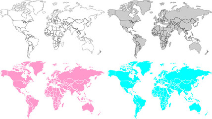  Modern Political World Map Set – Blue, Gray and Outline Vector © risa