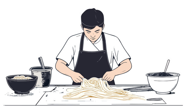 Young male chef in apron pulling and stretching fresh handmade noodles on a kitchen counter with bowls of ingredients around. Comic style vector illustration.