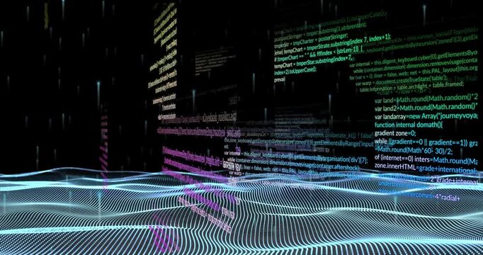Glowing grid rippling after faint light pulse, code panels sliding and stacking, visualizing data