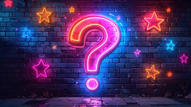 A glowing question mark with stars on a brick wall, neon lights