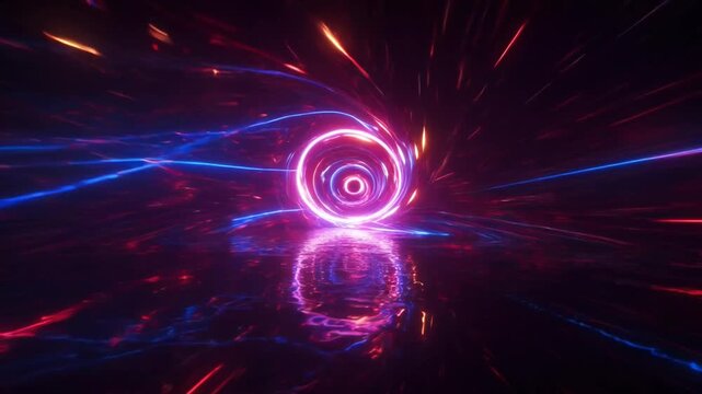 Abstract digital void with neon light trails and glowing circles