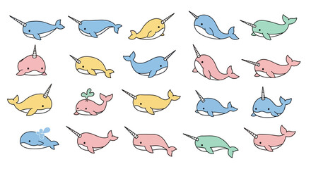 Cartoon narwhals array in various colors for decorative and design purposes © Lila