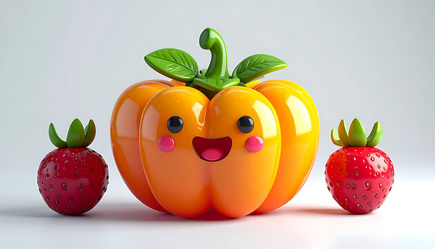 Whimsical orange bell pepper character with smiling face, flanked by two cute strawberries, a fun and playful food illustration for children's concepts