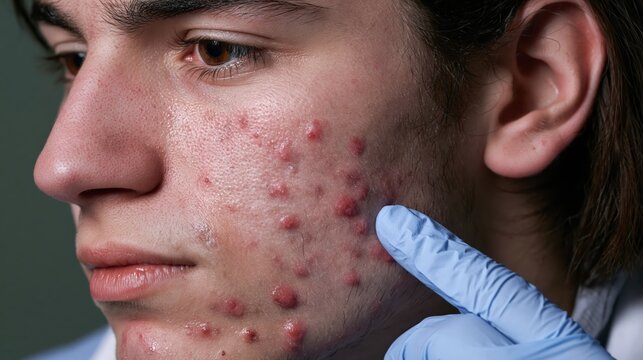Severe nodular cystic acne condition clinical dermatology assessment promo. A dermatologist examines a teenager's face showing extensive deep cystic acne lesions.