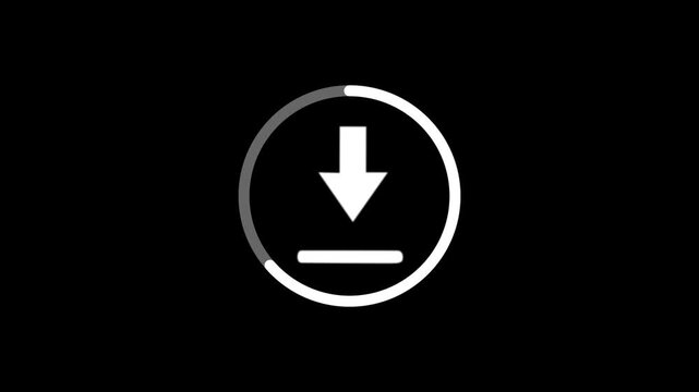 Black circular progress icon with bouncing arrow on white background for clean high-key background removal in apps.