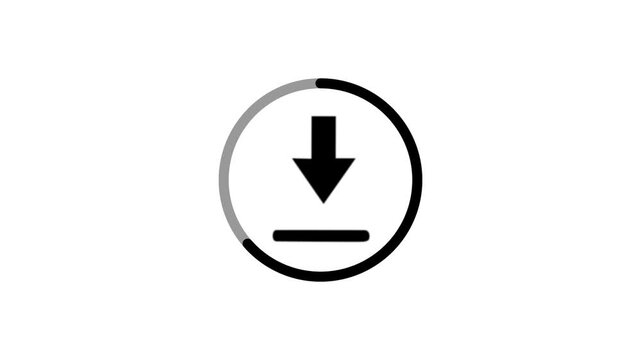 Black circular progress icon with bouncing arrow on white background for clean high-key background removal in apps.