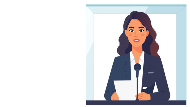 Professional female news anchor or TV presenter in suit holding papers and speaking at a microphone on a television broadcast. Flat design vector illustration.