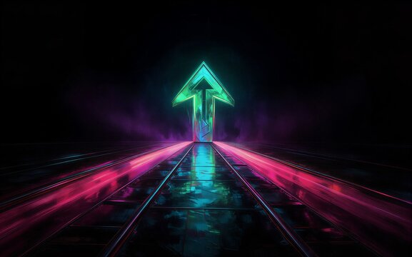 Neon arrow glows brightly guiding light trails through a dark