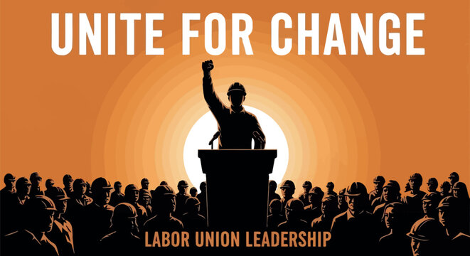Dynamic illustration depicting a resolute labor union leader in a hard hat addressing a large, unified crowd of workers, raising a fist to advocate for substantial societal change.