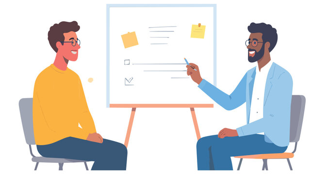 Two men having a discussion or interview session with a whiteboard and sticky notes in the background. Flat design vector illustration.