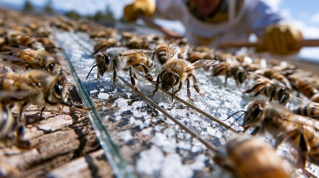Bee venom electric plate collection for apitherapy and pharmaceutical research. Worker bees stimulated by mild electric pulses sting a glass collection plate.