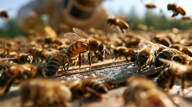 Bee venom electric plate collection for apitherapy and pharmaceutical research. Worker bees stimulated by mild electric pulses sting a glass collection plate.