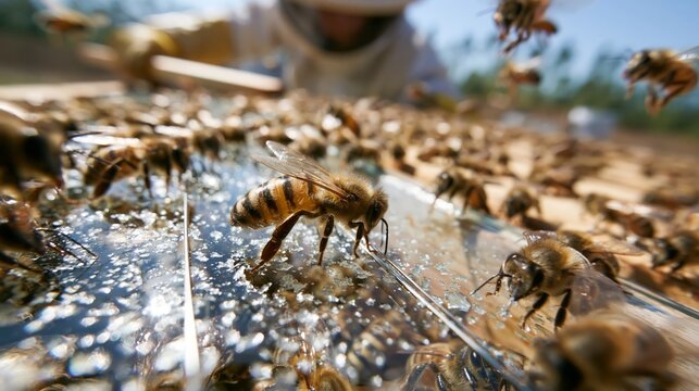 Bee venom electric plate collection for apitherapy and pharmaceutical research. Worker bees stimulated by mild electric pulses sting a glass collection plate.