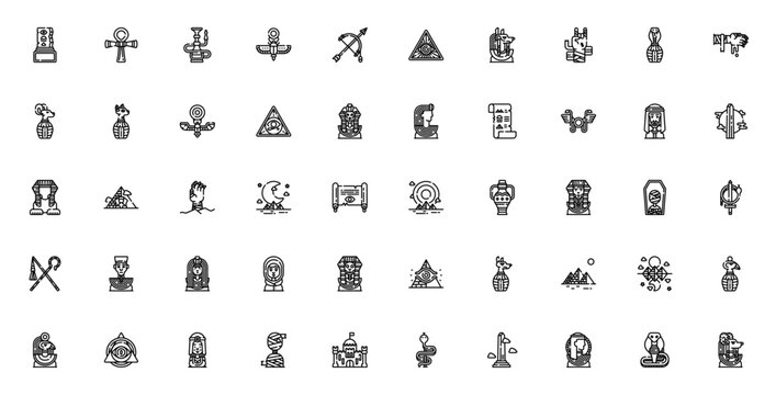 Egypt icon set. Ancient Egypt vector collection. Minimalist linear pack. Featuring Ankh, Pyramids, Sphinx, Scarab, Eye of Ra, Anubis, Pharaoh, Cleopatra, Hieroglyph, Papyrus, Obelisk and more.